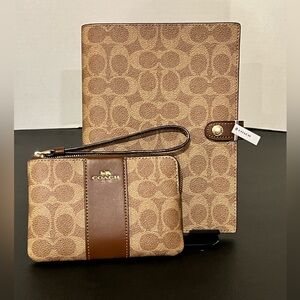 Coach Tan and Brown Signature Wristlet and Notebook Set